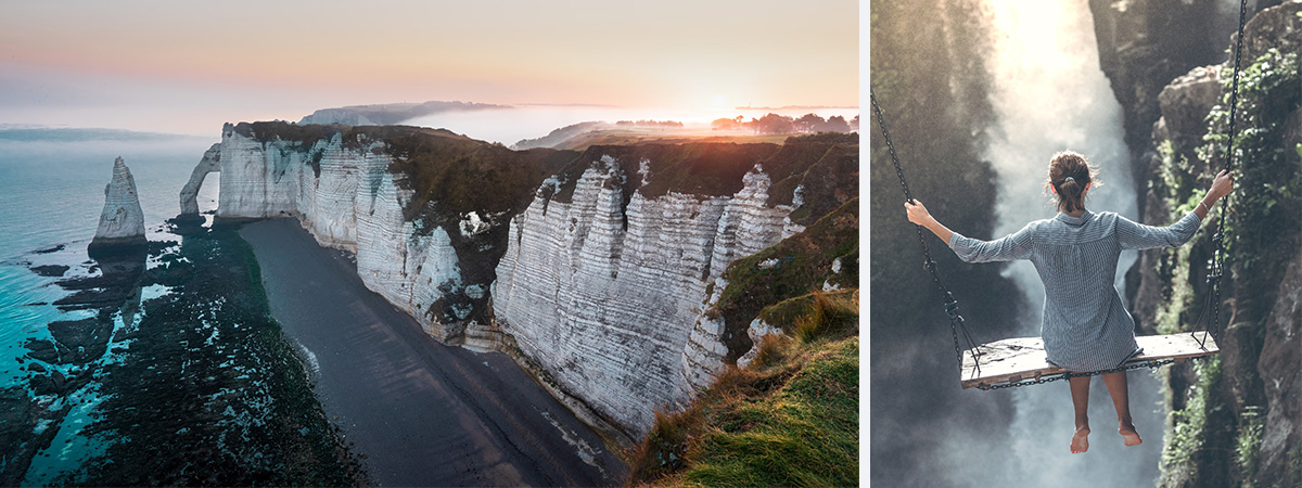 Référence photo montage photo sSwing in Normandy : éléments de montage jeune femme et falaises